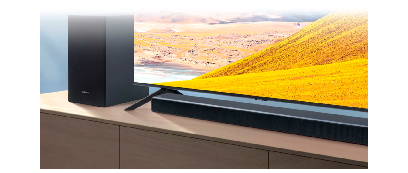 Soundbar Samsung HW-T555, com 2.1 canais, potência de 320W, Bluetooth, Subwoofer sem fio e DTS Virtual:X